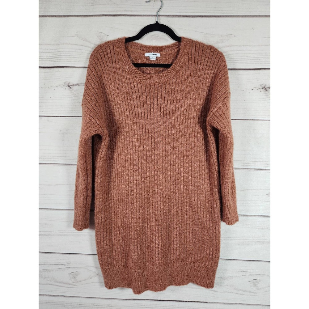 Fashion Nova Womens Sweater Fuzzy Tunic Ribbed‎ Knit Crew Neck Pullover Brown S